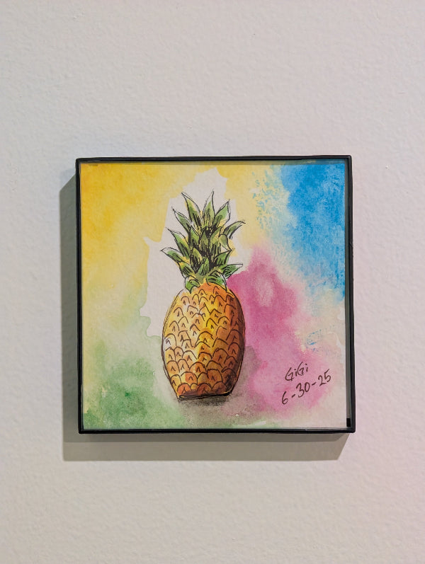 Colorful painting of a pineapple on a watercolor background