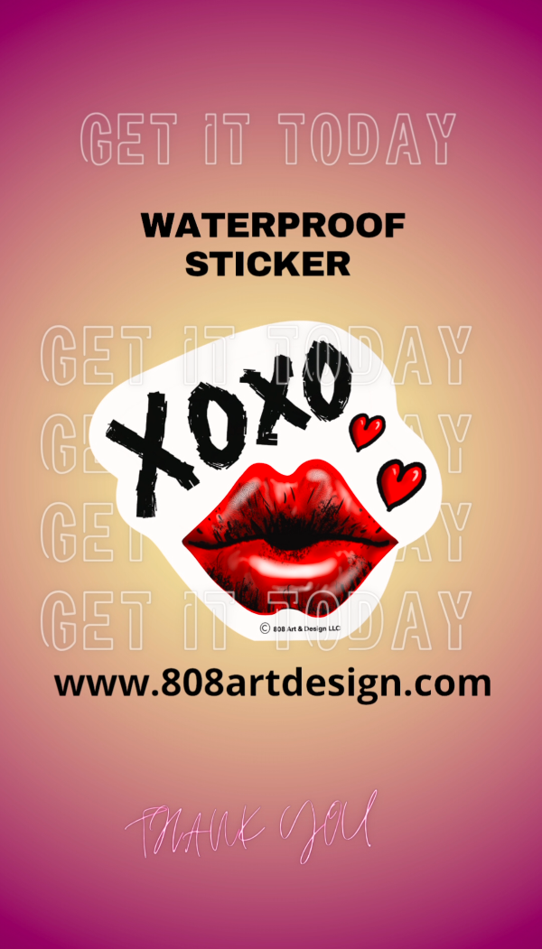 red woman lips sending a kiss with two hearths and the phrase xoxo