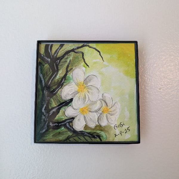 Small painting of white flowers with a yellow center on a light background