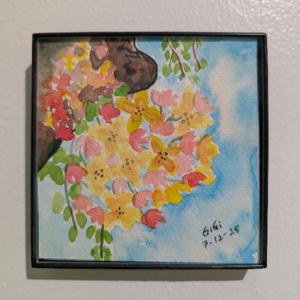 a small watercolor painting of a cassia javanica tree flower made by gigi the art lady